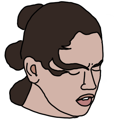 a drawing of the face of Rey Skywalker from the Star Wars sequels, looking to the side with her eyes shut. She is a white woman with dark brown hair in three buns.